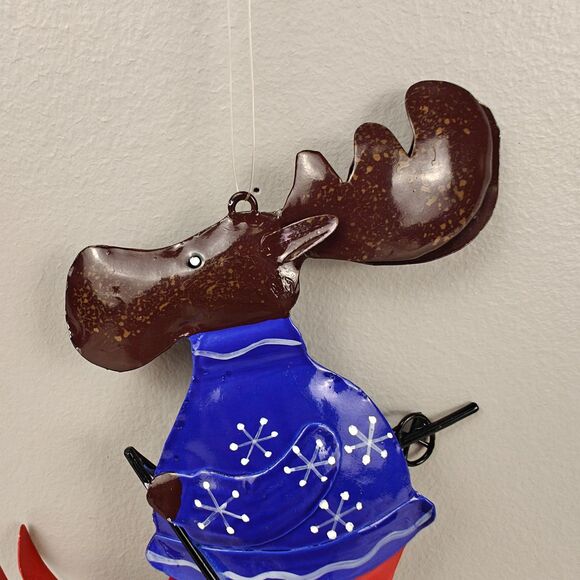 Skiing Moose Metal Christmas Tree Ornament Snowflake Sweater Holiday Winter 5” - Picture 3 of 8